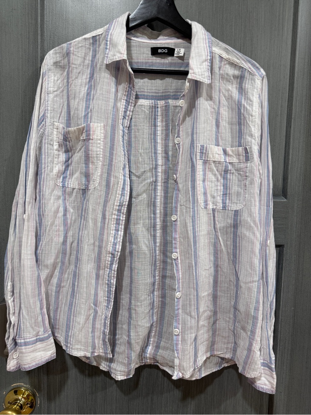 BDG women's Lightweight Striped Button-Up Shirt in White and Blue